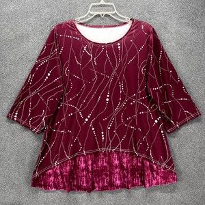 Womens Top Blouse Plus Size Red Wine Relaxed round neck 3/4 Sleeve‎ thin fabric